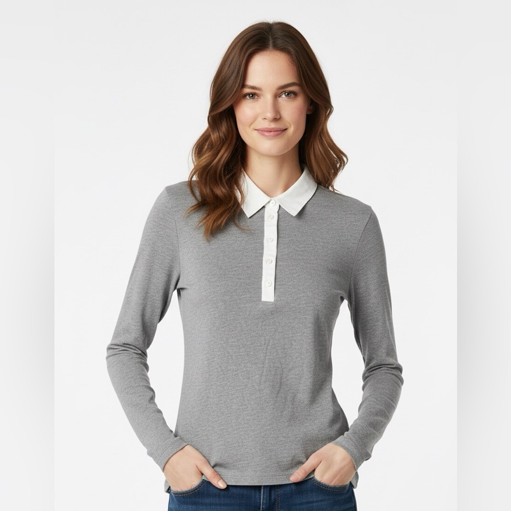 Golfino Polo Top Gray Contrast Collar Long Sleeve Unisex Sz S Made in Europe